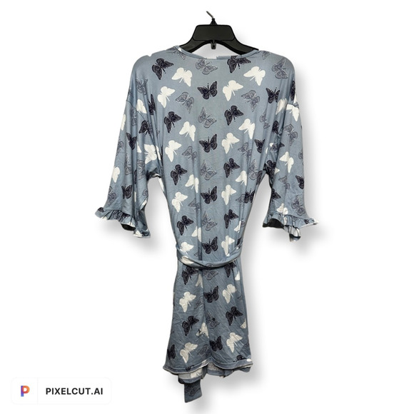Pj Couture Womens Robe Gray Multicolor Butterfly Belted 3/4 Sleeve Ruffle M New - Picture 4 of 9